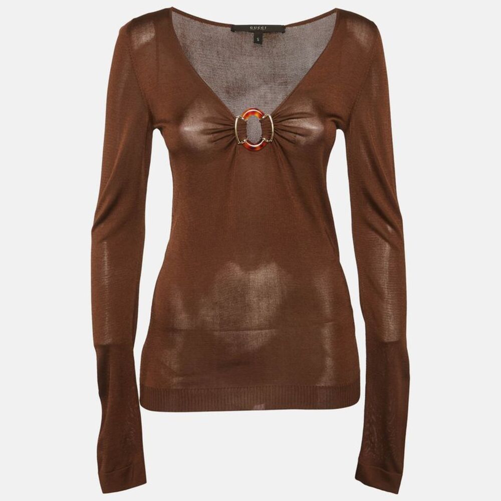 Gucci Brown Jersey Neck Detail Fitted Top S